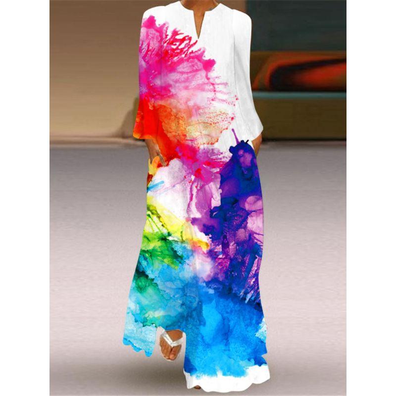 Fashion Style Spring and Summer Fashion New Women's Retro Butterfly Print Long Dress Export V Neck Long Sleeves Pocket Dress
