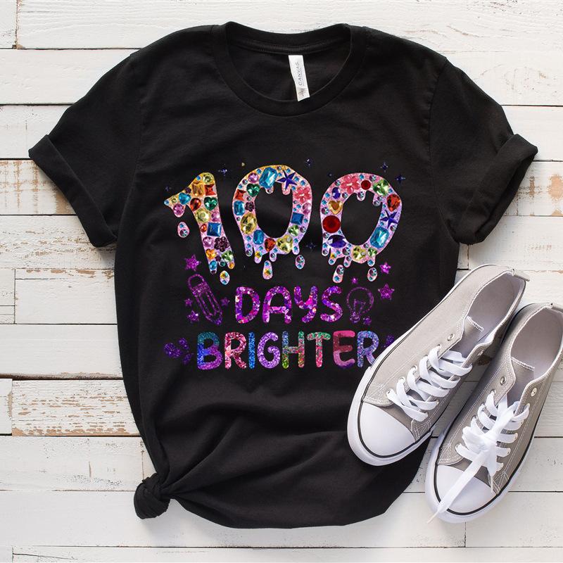 Women's Top 100 Days of School Printed High Street Trendy Fashion Casual Cotton T-Shirts Women’s