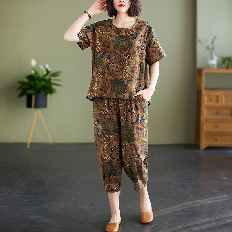 1116 summer new fat mm retro casual linen cotton printing round neck pullover short sleeve suit top cropped pants women