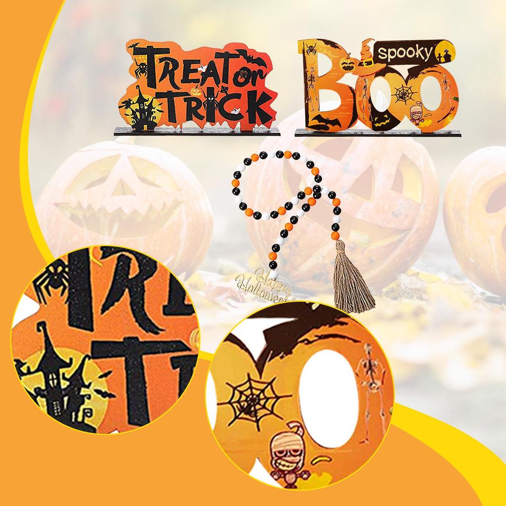 Halloween Tiered Tray Decor Bead Garland Creepy Ornament Spooky Rustic Halloween Decor Wooden Signs for House Showcase Shelf