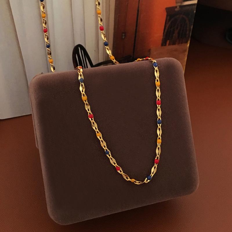 Copper Plated Gold Retro Color Block Drip Oil Necklace - Fashionable Jewelry Clavicle Chain