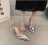 Fashion Shiny High Heels Slingback Silver Women Pumps Metallic Crystal Sandals Pointy Toe Stiletto Heeled Shoes Party Dress Shoes Woman