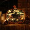 Wooden Halloween Pumpkin Decoration with Carved Pattern and LED Lights Halloween Pumpkin Ornament for Indoor Display Halloween Themed Wooden Craft