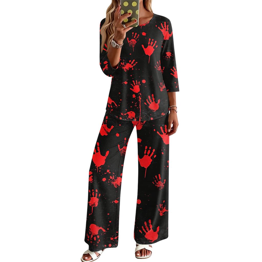 Women's Casual Two Piece Outfit Round Neck Loose Fit 3/4 Sleeve Top and Pants Set for Everyday Wear