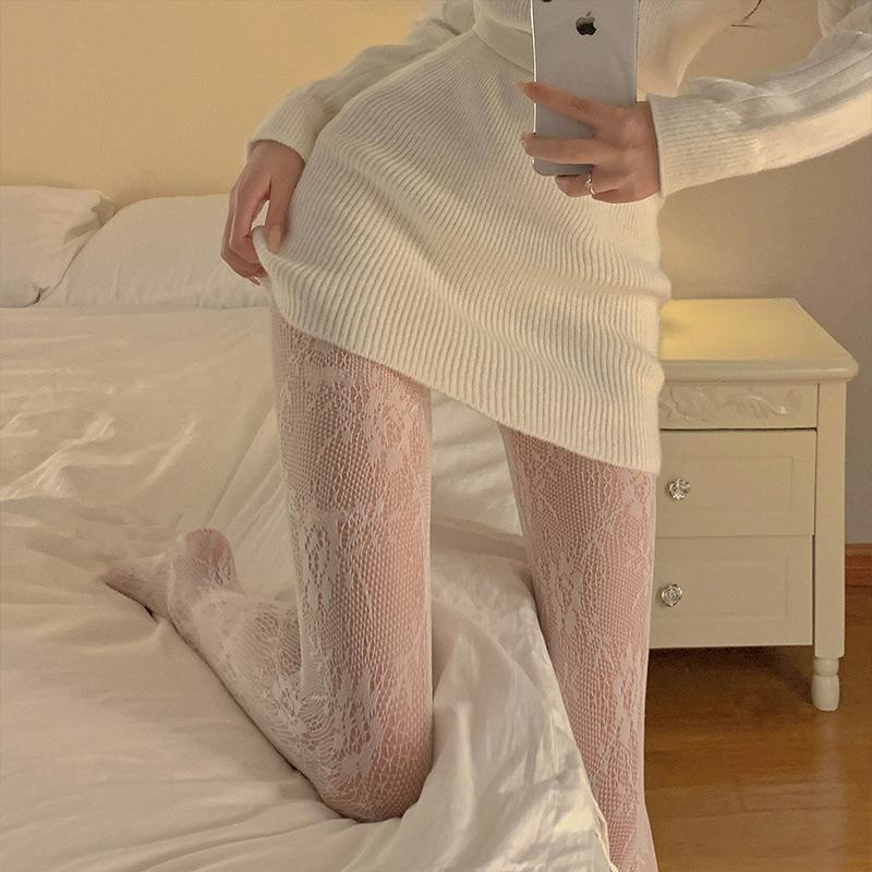 Japanese Goth Floral Rattan Fishnet Classic Tights Women Sexy Black White Lolita Hollowed Lace Mesh Stockings Bottomed Pantyhose