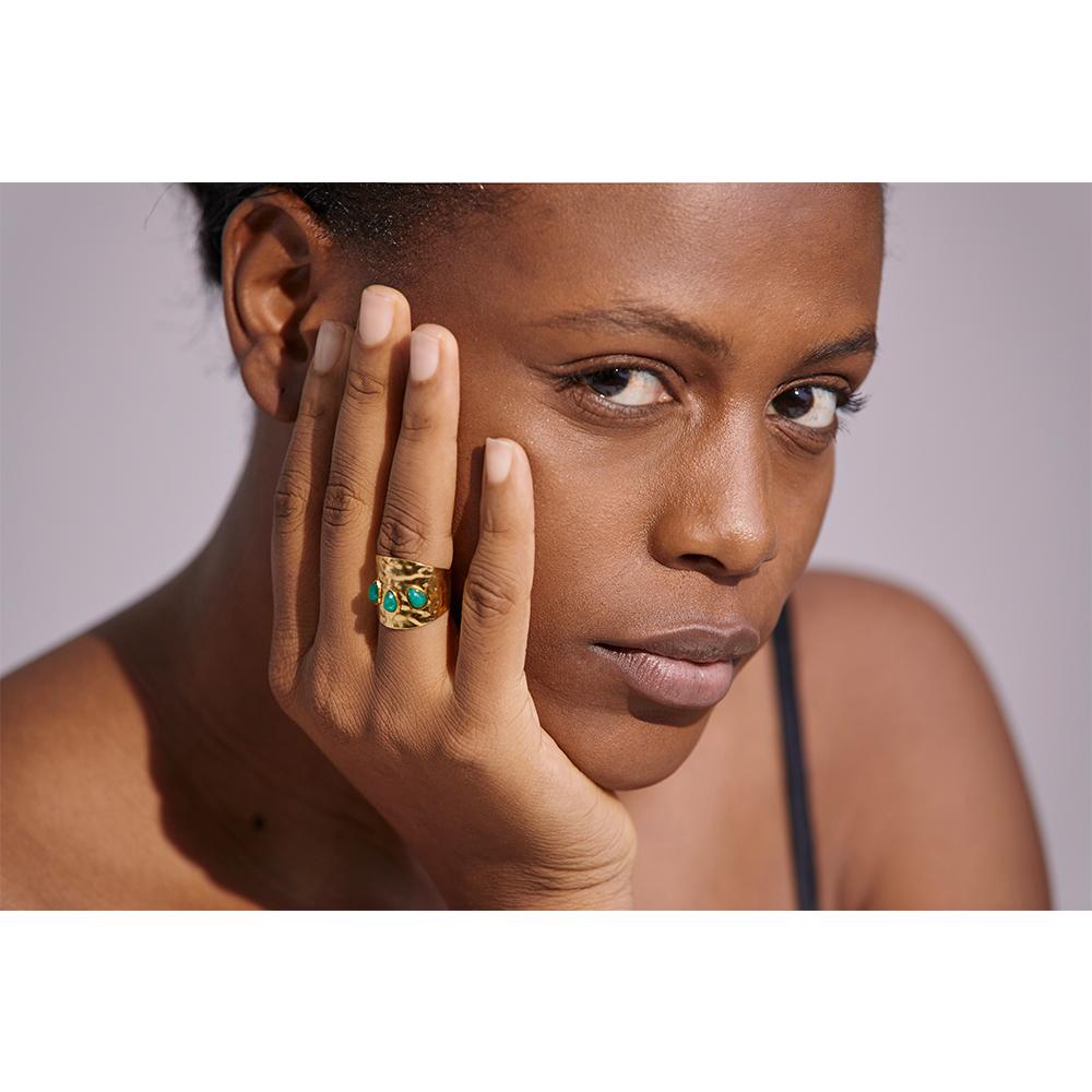 Yhpup Green Natural Stone Stainless Steel 18k Gold Plated Metal Fashion Wide Ring Charm Texture Waterproof Jewelry for Women