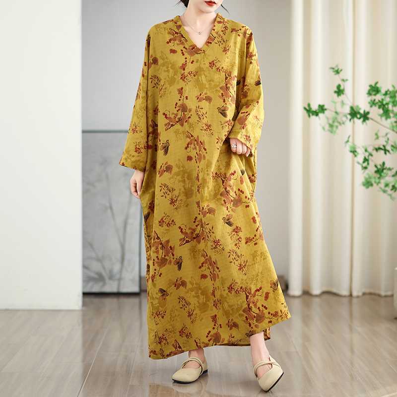 

Colorful V-neck Retro Long Skirt Cotton Linen Dress One Size