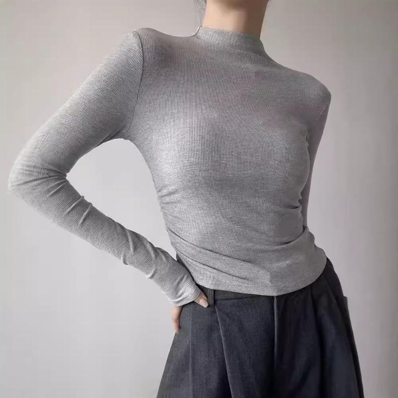 Women Half High Neck Long Sleeve Slim Cropped Solid Base T Shirt