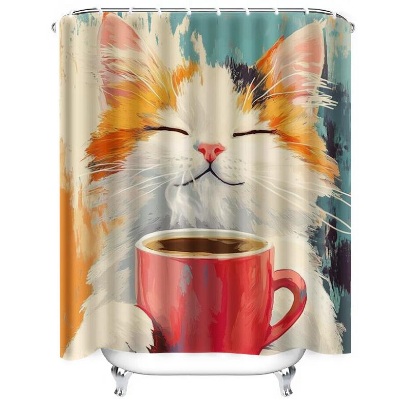 Cute Cat with Coffee Cup Design Waterproof Shower Curtain Heat Resistant Machine Washable Non-Transparent 180x180cm