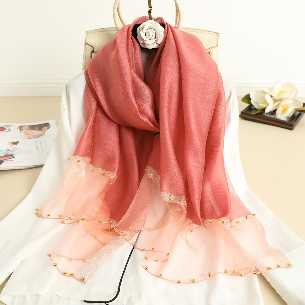 Solid Beading women scarf summer silk scarves lady shawl wrap hijab foulard female bandana pashmina Pearl jewel headband