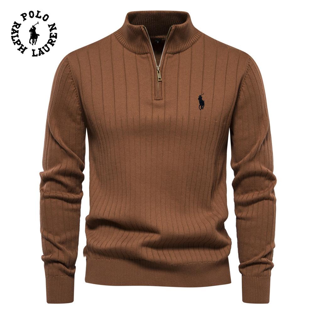 Ralph Lauren Embroidered Stand Up Collar Cotton Men's Sweater Casual Half Zipper Solid Color Pullover High-quality Men's Knitted Sweater
