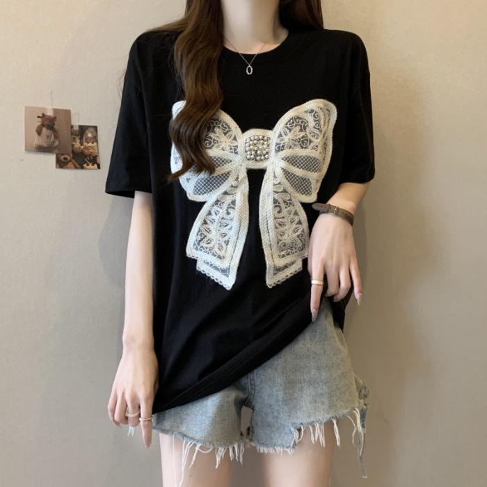 

32 двойная нить 2025 лето вышивка бисером бант футболка с коротким рукавом женская свободная S чёрный