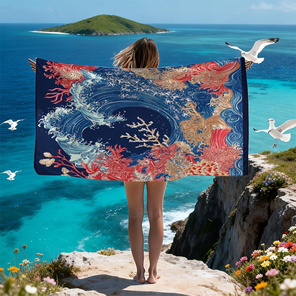 Ka Chen Muxi Coral Japanese Wave Ocean Beach Towel Vintage Nautical Print Microfiber Quick Dry Oversized Beach Blanket For Summer Pool