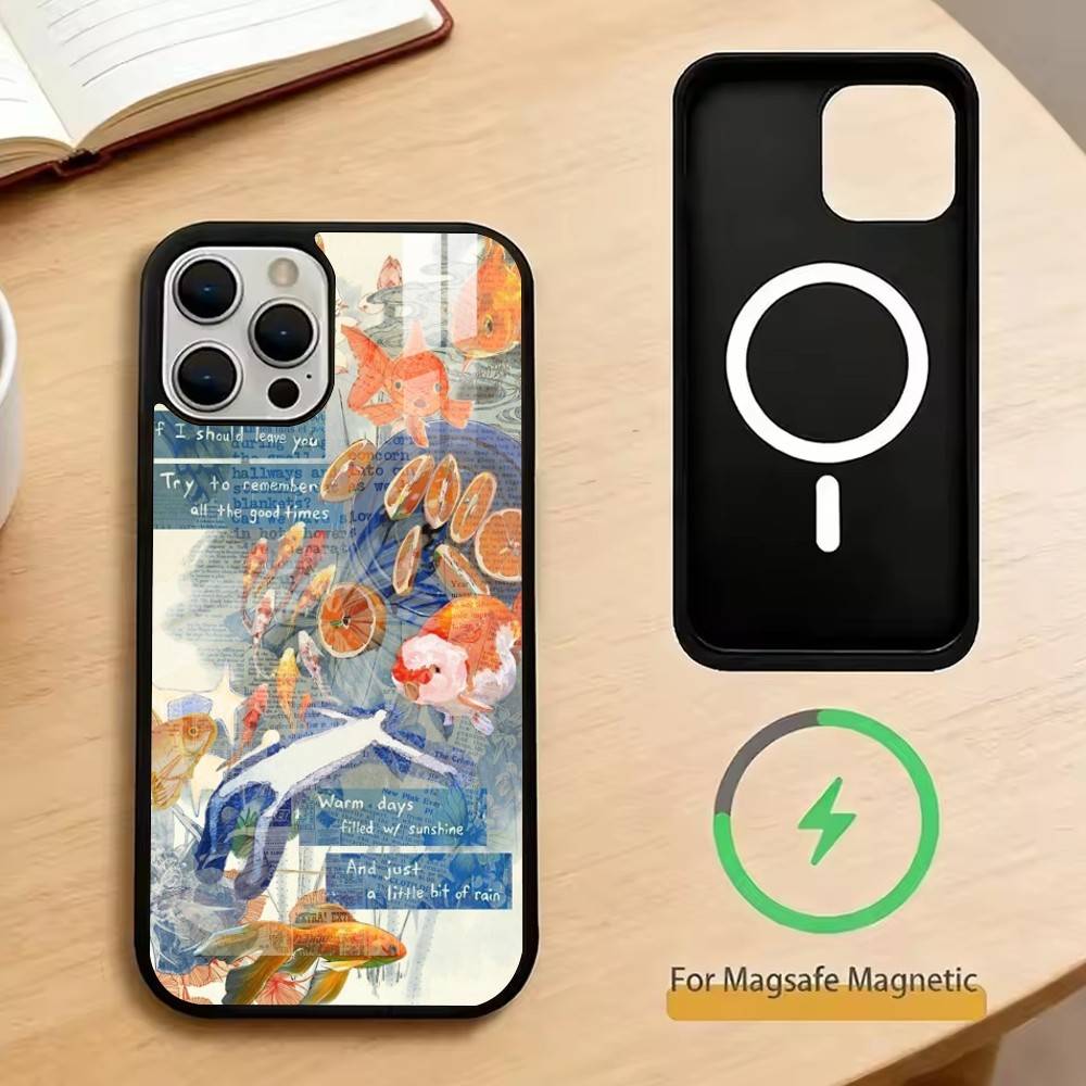 Newspaper Goldfish Phone Case For iPhone17,16,15,14,13,12,11 Plus,Pro Magnetic For Magsafe Wireless Charging