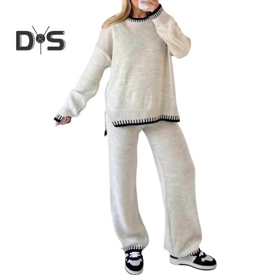 

Комплект из 2 шт./комплект, зимний свитер, штаны, свободный трикотажный свитер с длинными рукавами, широкие теплые брюки, повседневная одежда для школы, домашняя одежда, спортивная одежда S абрикосовый