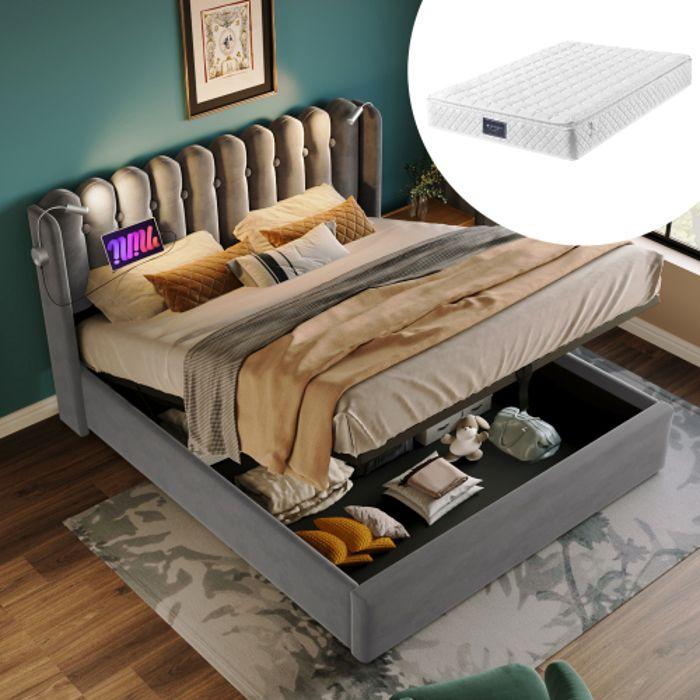 Lit Double Capitonné - MUVOE - 140x200 - Tête De Lit Avec Lampe De Lecture - Fonction De Recharge USB - Gris