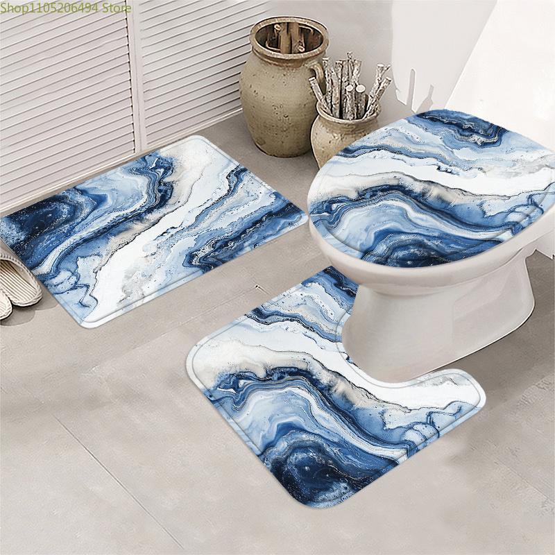 1/3/4pcs Marble Water Ripple Pattern Bathroom Set, Includes Toilet Lid Cover, Bath Mat, and Non-Slip Mat with 12 Plastic Hooks