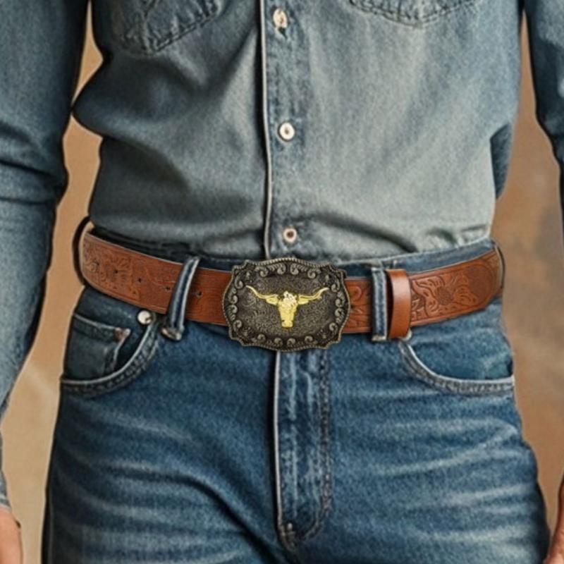 New Men's Western Cowboy Belts Cool Handsome Black PU BELT Material Embossed Design and Stylish Alloy Buckle Men Belt