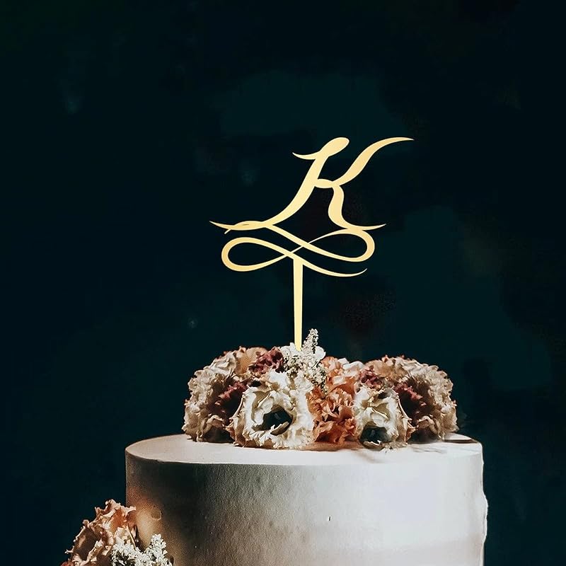 Initial Letter K Cake Topper Monogram Acrylic Cupcake Topper Funny Cake Accessories for Wedding Anniversary Birthday Party Decoration Mirror Gold
