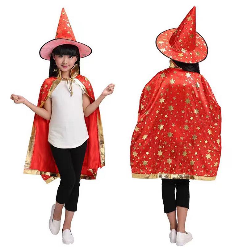 2pcs Halloween Cloak Children's Performance Costume Little Witch Magician Cosplay Five Star Cloak Hat Set Holiday Dress Up