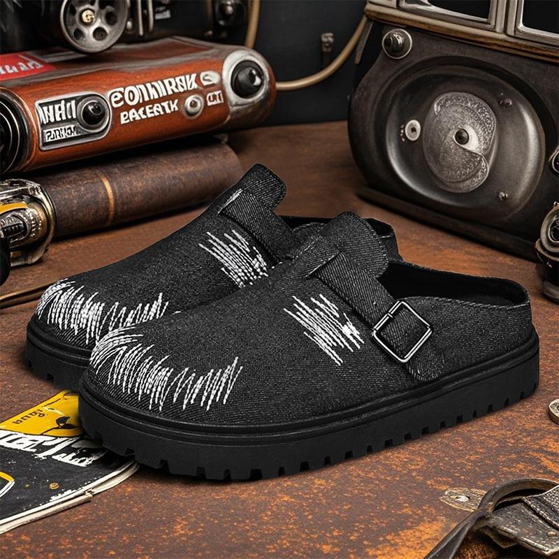 Thick Bottom Half Shoes For Men Mules Denim Platform Closed Toe Sandals Slip On Backless Loafers Slipper Semi-Drag Casual Shoes