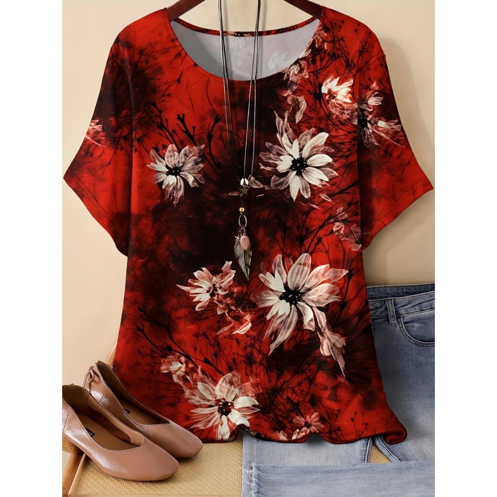 XL-7XL Übergröße Damen T-Shirts Damen O-Ausschnitt Mode 3D Floral Farbbedrucktes Oberteil Kurzarm T-shirt