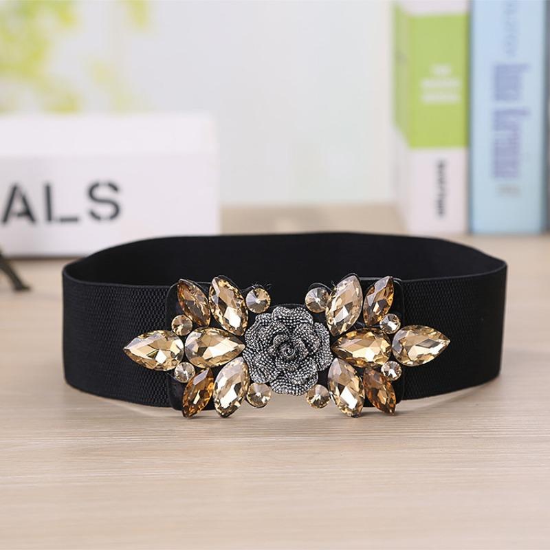 

Rose rhinestone embellished elastic waist belt - women s dress accessory, feather black waist cincher, waist belt