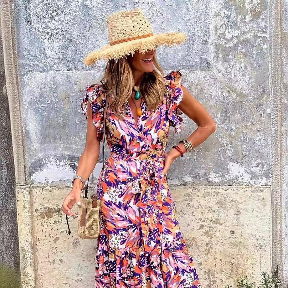 2025 spring and summer casual temperament women's printed long dress sleeveless V-neck pendulum dress