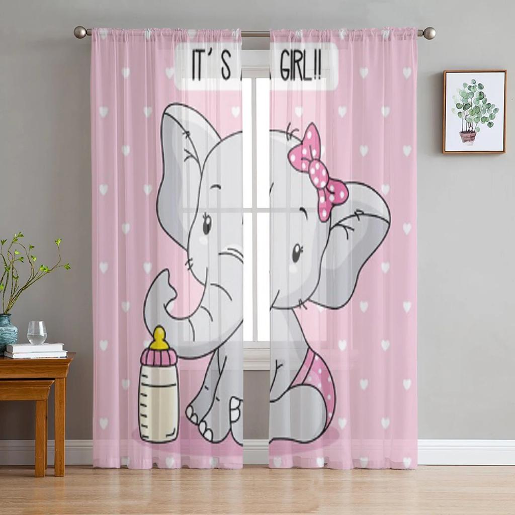 Kleine rosa Elefanten-Tüll-Vorhänge für Küche, Fenster, Wohnzimmer, moderner Voile-Vorhang, Schlafzimmer-Vorhänge