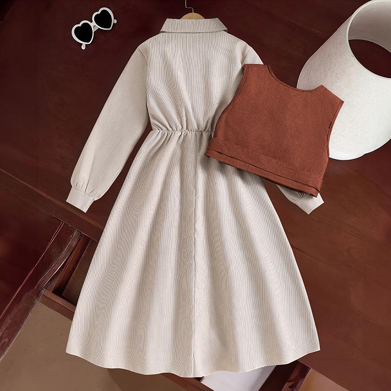 Girls' Retro Spring Suit: Belted Vest & Long-Sleeve Dress Set