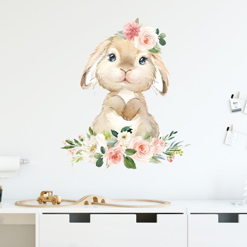 Cartoon Niedlicher Hase Blume Tier Wandaufkleber Abnehmbar für Schlafzimmer Wohnzimmer Kinderzimmer Hintergrund Dekoration Wandtattoos