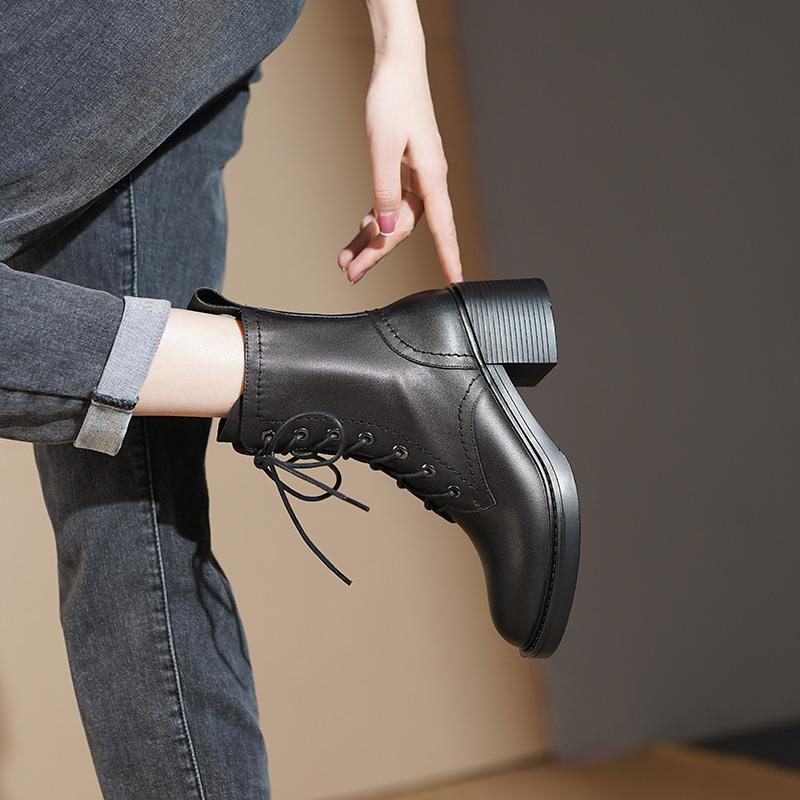 Fall Shoes Women Boots Square Toe Chunky Heel Women Shoes Retro Genuine Leather Modern Boots Short Boots Winter Boots Heels