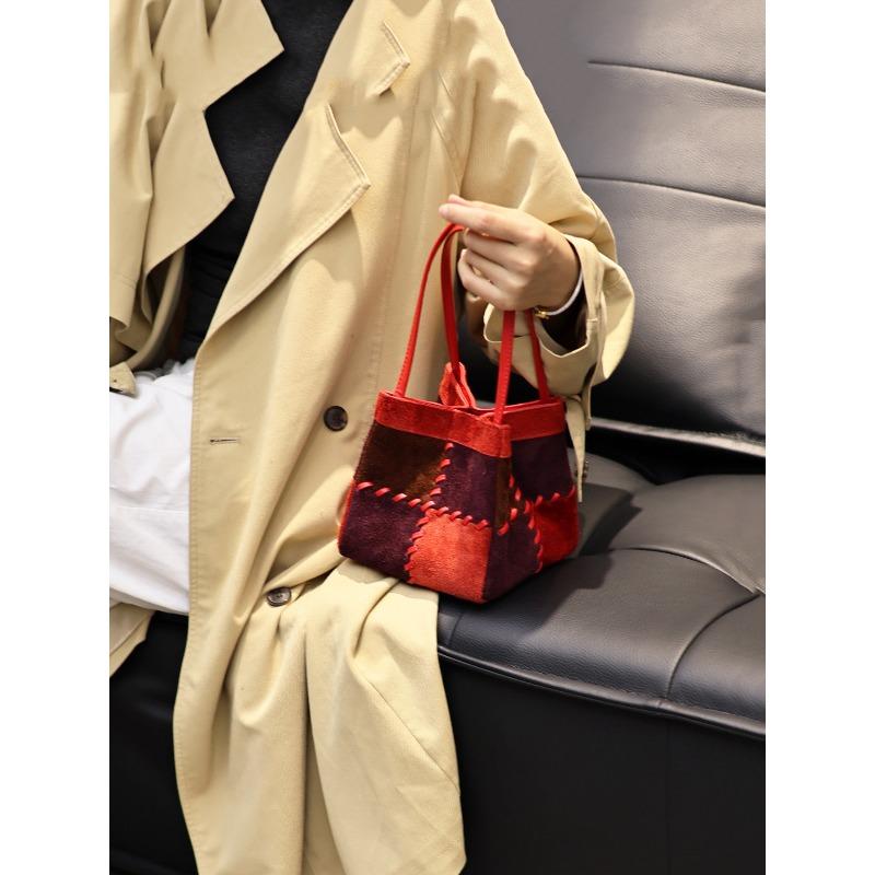 Frosted cowhide vegetable basket bag women's new sense fashionable exquisite small bag suede messenger bucket bag