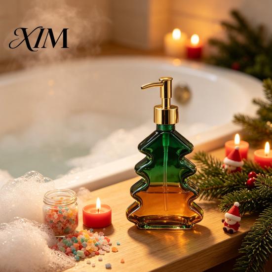 Christmas Tree Soap Dispenser 300ml Dispenser, Glass Hand Dish with Pump, Table Centerpiece Xmas Decorative Empty Bottle for Soap, Kitchen,