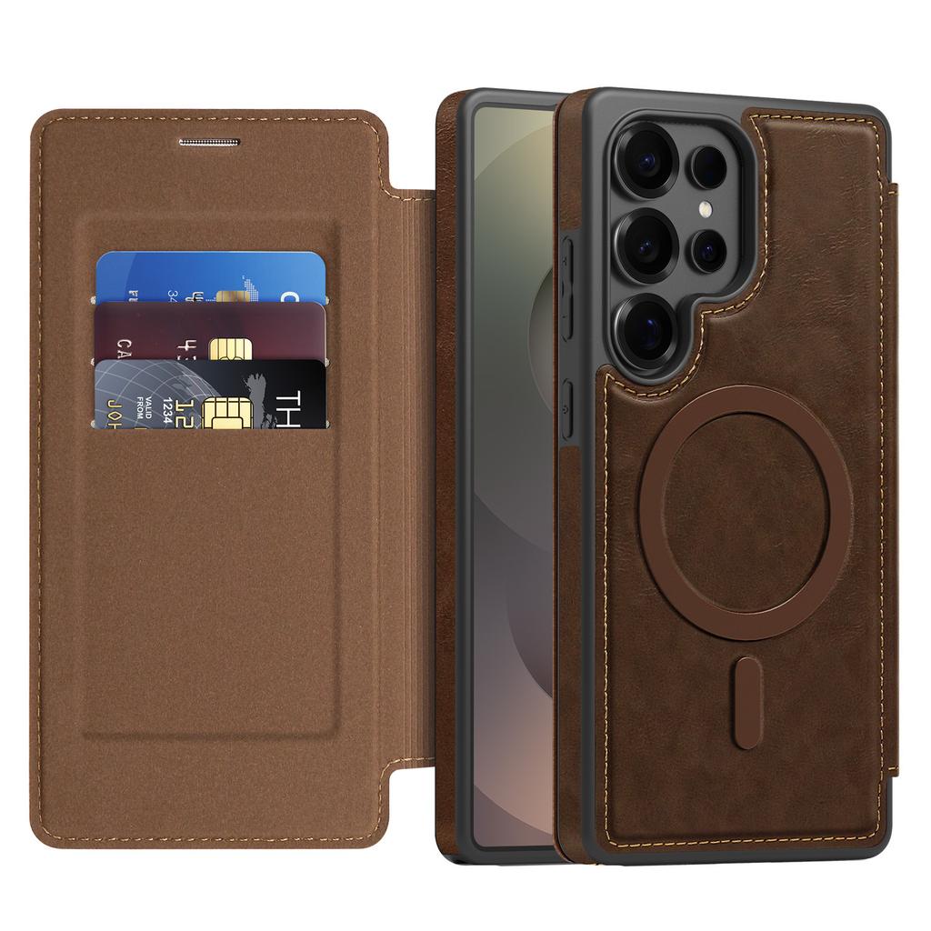 case for S26 S25 S24 S23 S22 plus ultra Magnetic flip leather case insert the card Wireless Charging Anti-Fingerprint plain