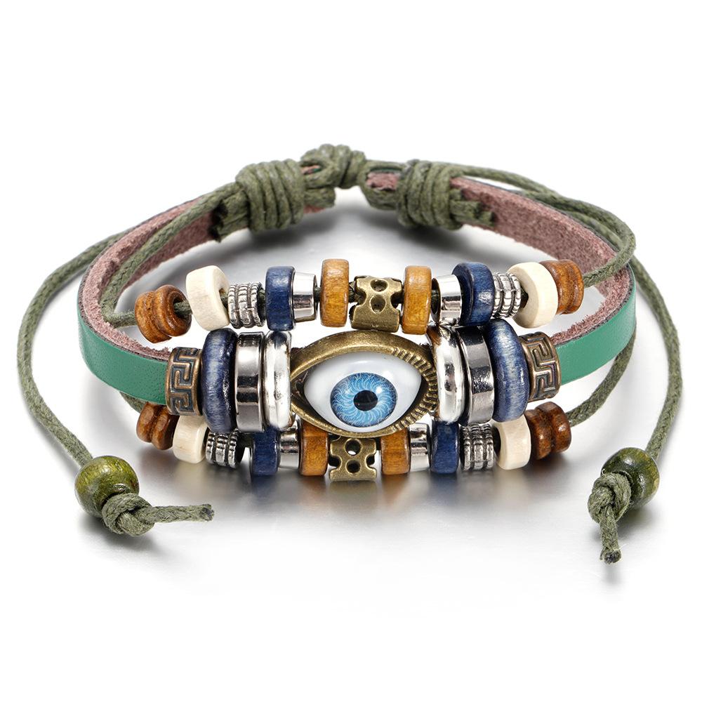 Bohemian Multilayer Braided Leather Bracelet with Eye Beads, Adjustable Couple Wristband