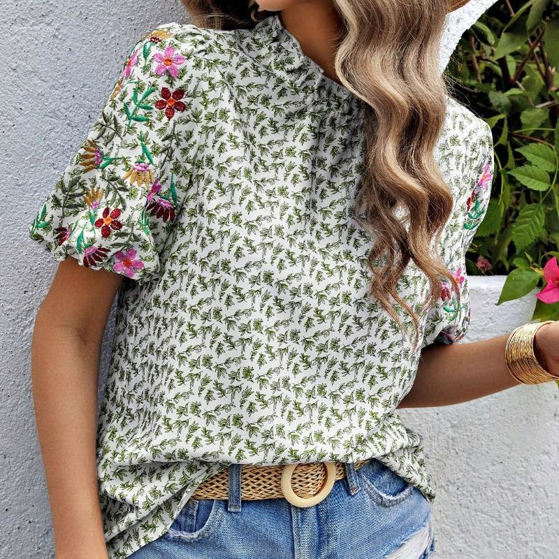 Summer New Embroidered Printed Loose Women's Shirts Short Sleeve Fashion Elegant Blouse Women Tops Stand Collar Slim Fit Shirt Female Clothing 26429