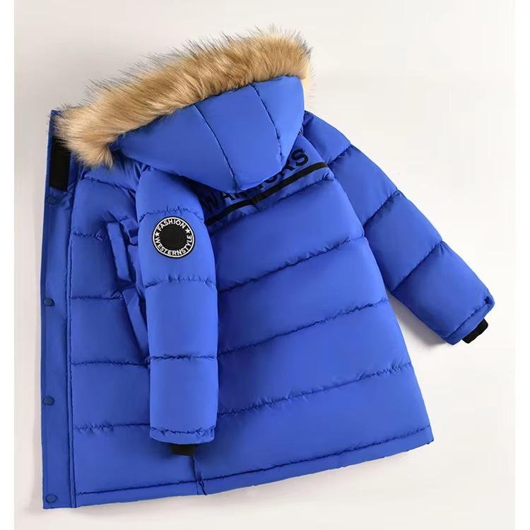Neue verdickte Winterjacke für Jungen mit Pelzkragen, modisch, hält warm, Kinderjacke mit Kapuze und Reißverschluss, 5-14 Jahre, Kinder-Oberbekleidung 120 blau