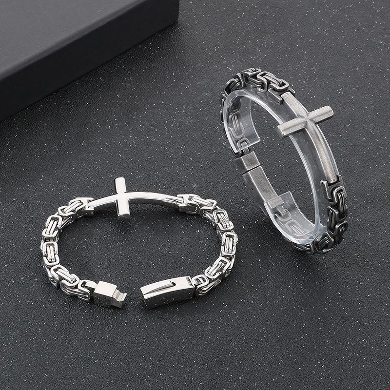 Rock Vintage Cross Bracelet, Personalized Cross Bend Byzantine Emperor Chain Titanium Steel Bracelet For Men