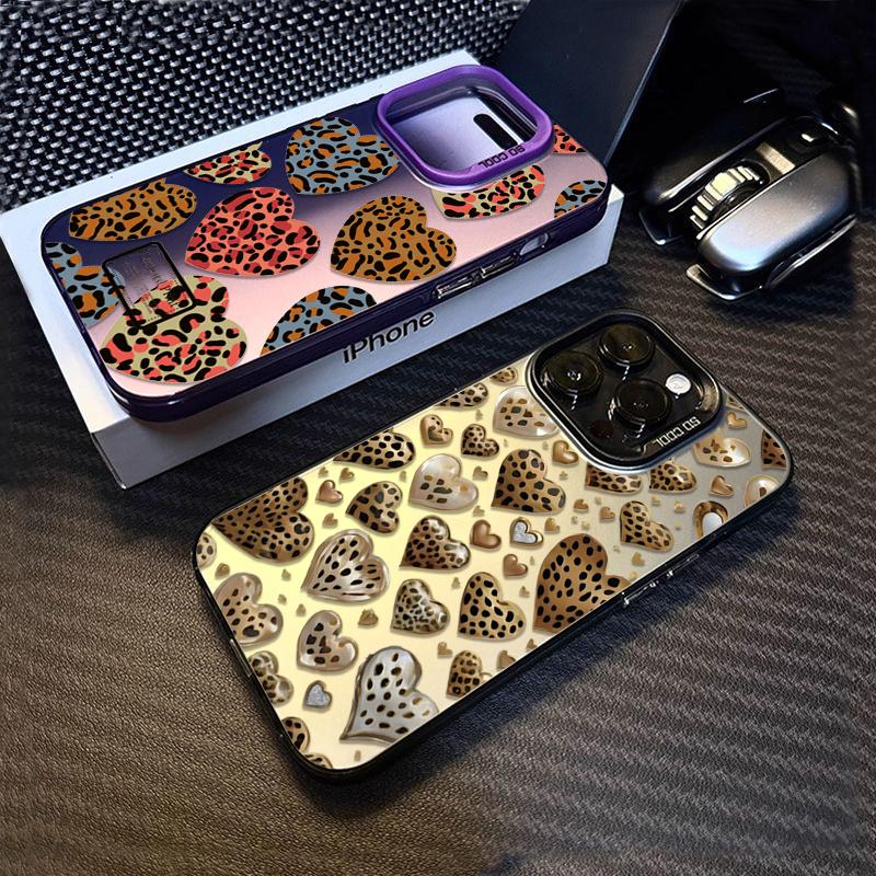 Love Heart Leopard Print Electroplate Silver Phone Case For iPhone 16 Pro Max 15 14 13 12 11 7 8 Plus X XS XR Shockproof Cover