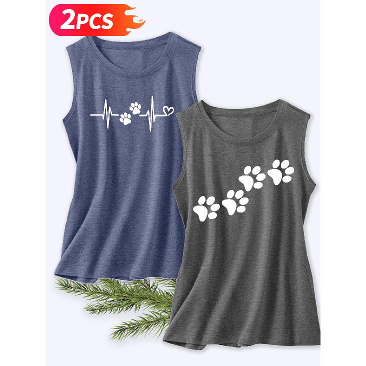 Follow a Specific Direction Two-piece Women's Vest Set Pet Paw Print ECG Print Elegant Summer Party Outfits Sleeveless Vest Essential Fashion Items