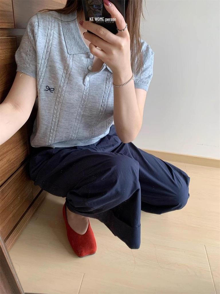 Women's Slim Fit Polo: Sweet Bow Embroidered Short-Sleeve Knit T-Shirt