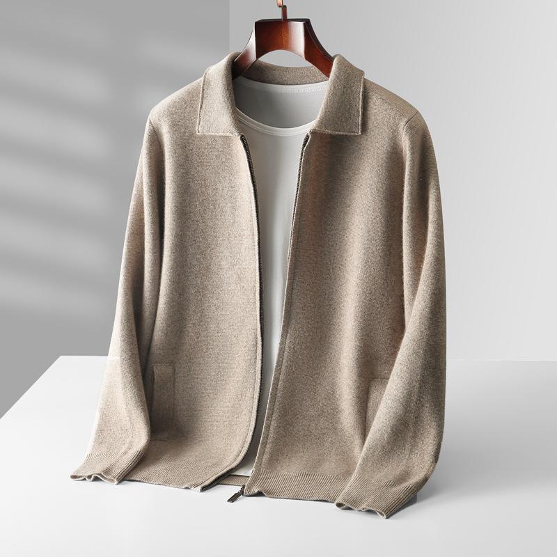 

Men s Pure Wool Polo Neck Cardigan - Autumn/Winter, Loose Fit, Lapel, Thickened, Plus Size, Knitted Zipper Outerwear L верблюд