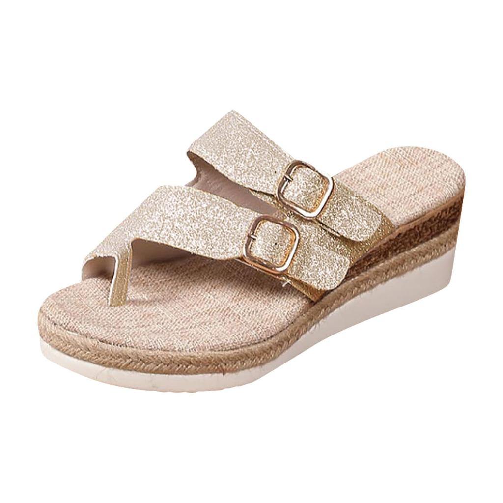 Women's Glitter Double Buckle Strap Espadrille Toe Post Slide Sandals Wedge Platform Casual Summer Footwear