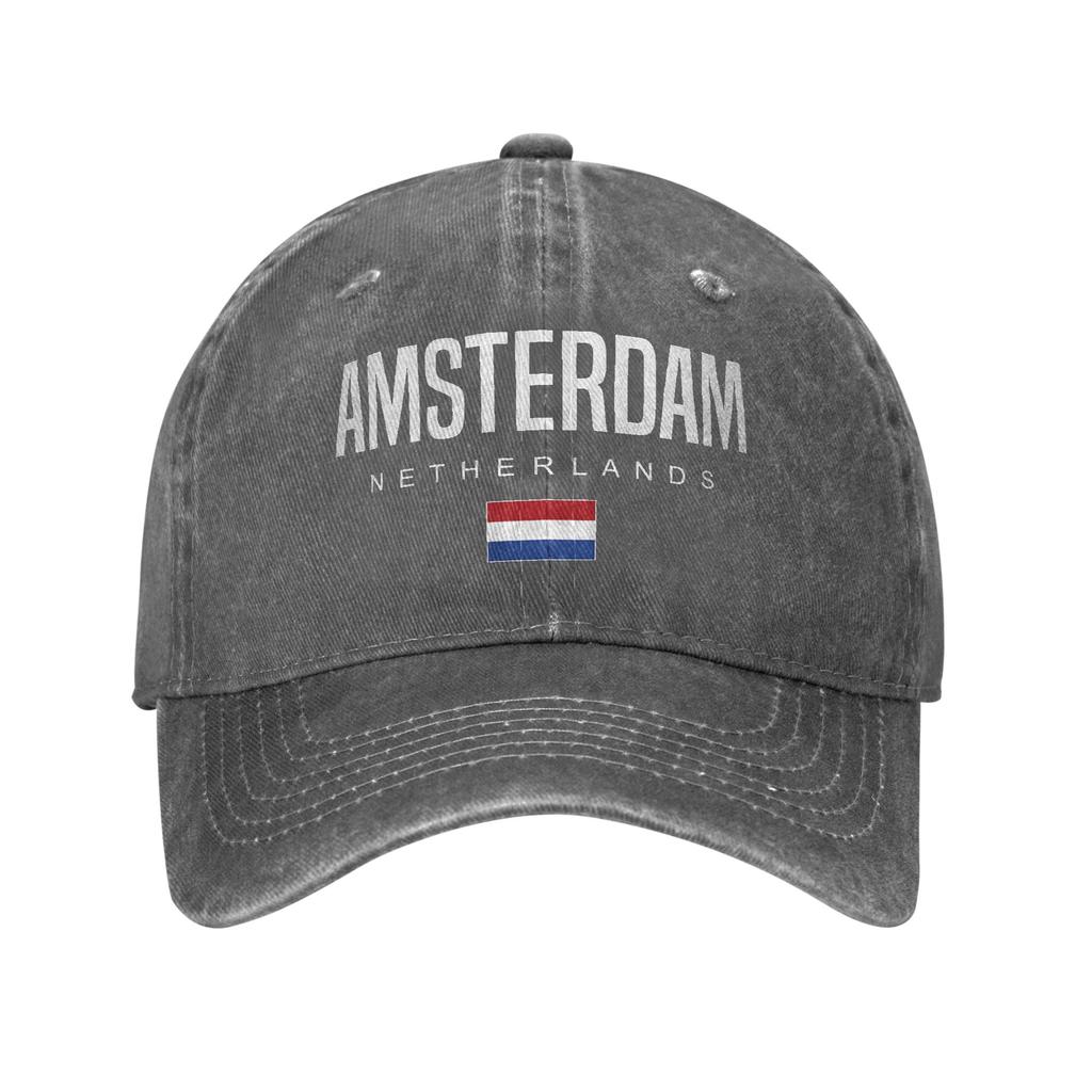 Amsterdam Niederlande Flagge Unisex Damen Baseballkappe Holland Used Denim Kappen Hut Mode Outdoor Workouts Verstellbare Kopfbedeckung