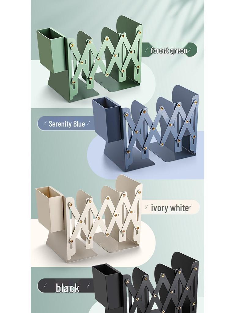 Retractable Desktop Bookend with Pen Holder and Integrated Book Storage Clip  