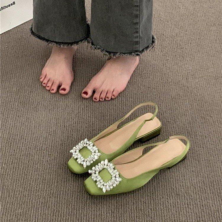 High Heel Sandals Thick Heeled Women's 2024 Summer New Square Button Rhinestone Fairy Style French Square Toe Single Shoes
