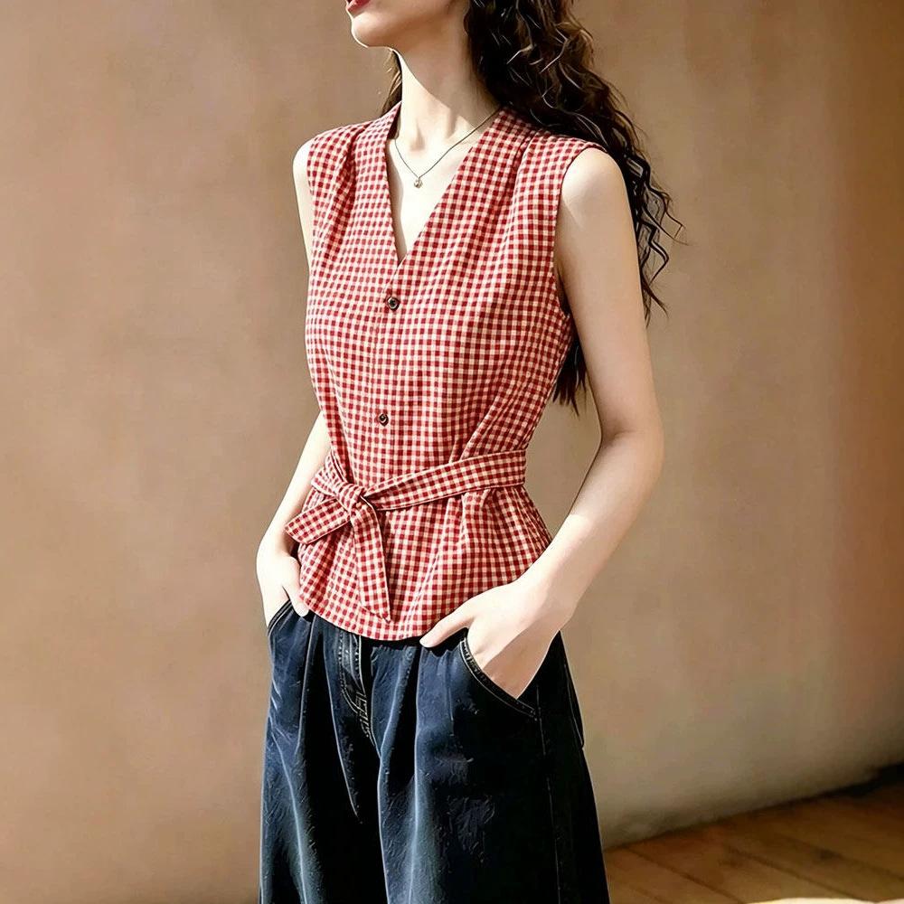 French retro red plaid sleeveless shirt women's summer new V-neck lace-up waist short-sleeved top A