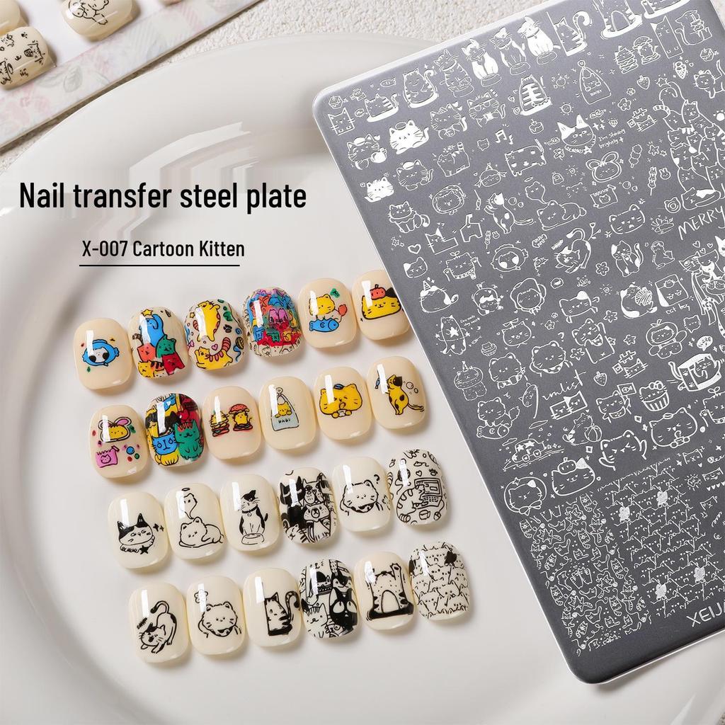 X-007 Cartoon Kitten Nail Art Stamping Plate with Scraper - Multiple Patterns, High-Quality Design