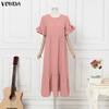 VONDA Summer Women O Neck Ruffled Short Sleeve Casual Pleated Maxi Dress Robes